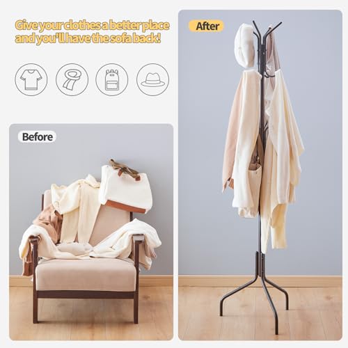 Coat Rack Freestanding,hat and coat rack stand for entryway,Living Room,Bedroom,Metal coat tree with12 Hooks and 3 Legs (Brown) - color: Brown