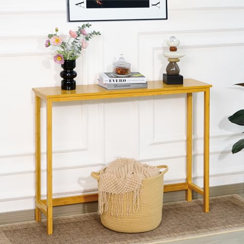 Bamboo Narrow Console Table, 39.4"(L) Wood Small Entryway Table, Accent Slim Hallway Tables, Thin Sofa Side Tables for Hallway, Living Room, Bedroom, Foyer, Burlywood - color: Burlywood