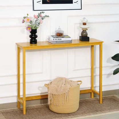 Bamboo Narrow Console Table, 39.4"(L) Wood Small Entryway Table, Accent Slim Hallway Tables, Thin Sofa Side Tables for Hallway, Living Room, Bedroom, Foyer, Burlywood - color: Burlywood