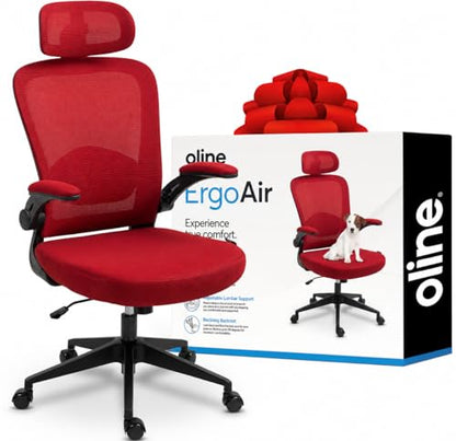 Oline ErgoAir Ergonomic Office Chair – Adjustable Lumbar Support, Flip-Up Armrests, Mesh Computer Desk Chair, Swivel Rolling Executive Gaming Chair for Home & Office (Red) - color: Red