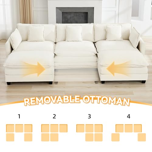 111'' Sectional Cloud Deep Seat Couch, Oversized Chenille U Shaped Sectional Sofa for Living Room Set, Comfy Upholstered Modular 5-Seats Sectional Sofa Couch with 2 Movable Ottoman, Beige - color: Beige, size: 111'' U Shape