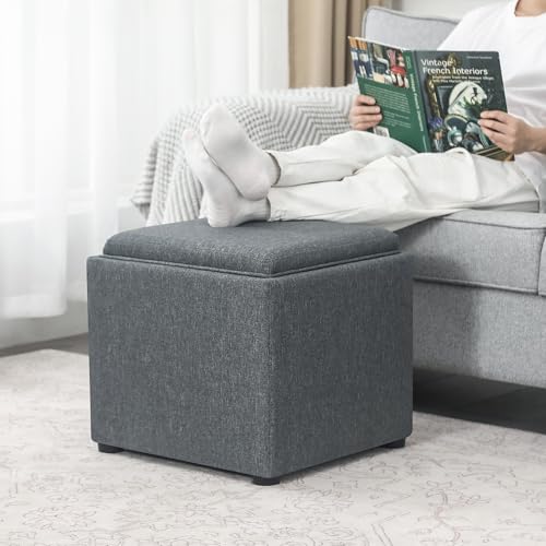 Storage Square Ottoman with Tray, Small Linen Foot Rest Stool Cube, Coffee Table for Dorm Living Room Bedroom, Gray - color: Tray, Grey