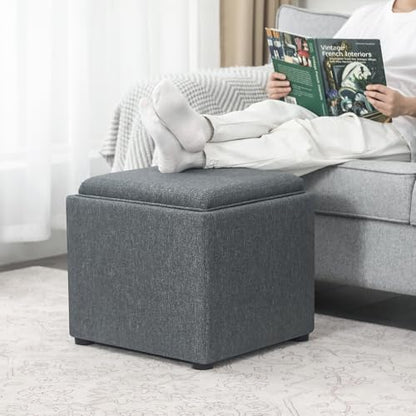 Storage Square Ottoman with Tray, Small Linen Foot Rest Stool Cube, Coffee Table for Dorm Living Room Bedroom, Gray - color: Tray, Grey