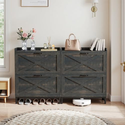 Miereirl Rustic Farmhouse Shoe Cabinet with 2 Flip Drawers, Narrow Entryway Shoe Storage Organizer for 12–16 Pairs, Space-Saving Hallway Shoe Rack with Metal Frame & Top Shelf for Bags (Dark Gray)