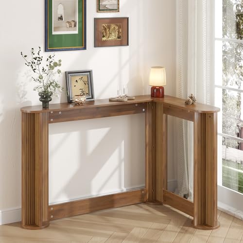 40 Inch L Shaped Narrow Console Table Behind Couch, Mid-Century Modern Skinny Corner Entryway Table, Fluted Slim Sofa Table for Hallway, Living Room, Wood, Brown, Walnut - color: Walnut-l Shaped