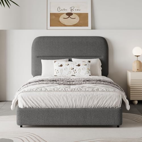 HOMBCK Twin Boucle Bed Frames for Kids with Upholstered Headboard, Grey | Soft Cloud Fabric, Modern Twin Size Bed Frames with Thickened Footboard, Rounded Corners, No Box Spring Needed, Easy Assembly - color: Grey, size: Twin