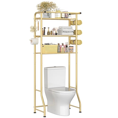 Simple Trending 3 Tier Over The Toilet Rack, Shelf Bathroom, Bathroom Stand Organizer Space Saver, Gold - color: Gold With Towel Rack