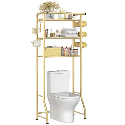 Simple Trending 3 Tier Over The Toilet Rack, Shelf Bathroom, Bathroom Stand Organizer Space Saver, Gold - color: Gold With Towel Rack