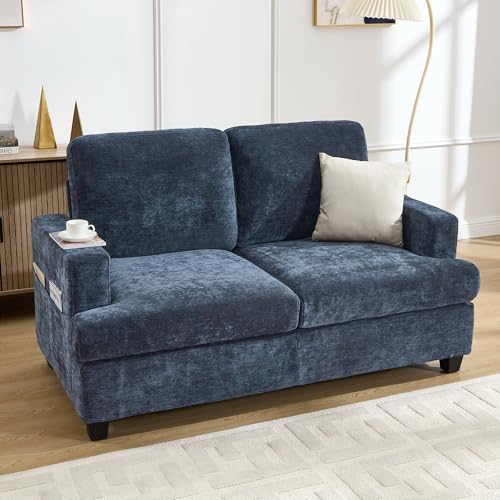 60" Loveseat Sofa, Chenille Couch with Side Pocket, Removable Pillow and Cushion 2 seat Couches, Comfy Modern Small Couch for Living Room, Small Spaces, Dorms, Office, Navy Blue - color: Blue, size: Loveseat Sofa