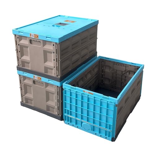 Heavy Duty Collapsible Storage Bins with Attached Lids, 12 Gal, 3 Pack | 400 LBS Stacking Strength, Secure Slide Lock, Durable PP Plastic, For Garage / Workshop / Industrial Use - color: Blue - 45L - Pack of 3