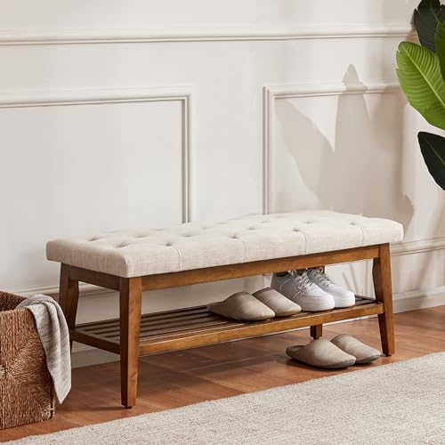 HUIMO Upholstered Entryway Shoe Bench, Button Tufted End of Bed Bench,Beige | with Solid Wood Slatted Shelf, Padded Ottoman Bench for Bedroom, Living Room, Entryway - color: Beige, style: French Country