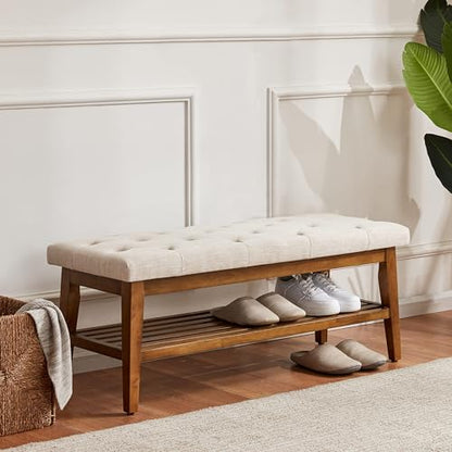 HUIMO Upholstered Entryway Shoe Bench, Button Tufted End of Bed Bench,Beige | with Solid Wood Slatted Shelf, Padded Ottoman Bench for Bedroom, Living Room, Entryway - color: Beige, style: French Country