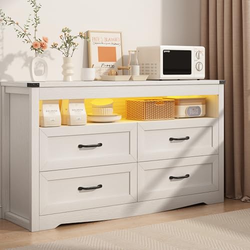 White Dresser for Bedroom, Wood 4 Drawer Dresser with LED Light, Dressers & Chests of Drawers with Metal Handles, Storage and Organization for Bedroom, Hallway, Entryway - color: White, style: LED 4 Drawers
