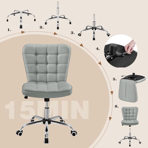 Yaheetech Light Gray Tufted Armless Desk Chair with Wheels, Faux Leather | Thick foam cushioned seat tilts back to relax, lifts 18-22 in, spins 360 degrees, holds 300 lb, and assembles with ease. - color: Light Gray