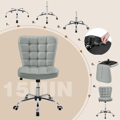 Yaheetech Light Gray Tufted Armless Desk Chair with Wheels, Faux Leather | Thick foam cushioned seat tilts back to relax, lifts 18-22 in, spins 360 degrees, holds 300 lb, and assembles with ease. - color: Light Gray
