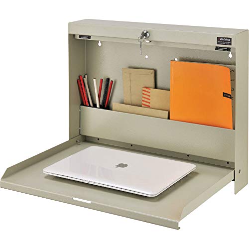 Global Industrial Wall Mounted Fold Down Shop Desk with keyed Lock, 50 Lbs | Capacity, Steel Construction, 20"W x 3-3/8"D x 16-3/8"H, Tan Powder Coat Finish