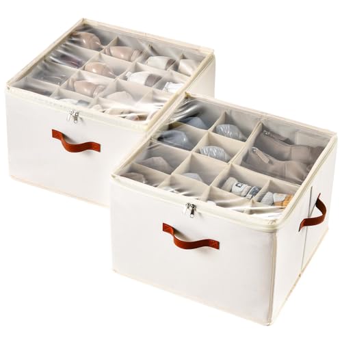 INSTY Shoe Organizer for Closet, 2 Pack Foldable Shoe Storage Containers, Fits up to 16-32 Pairs, Adjustable Dividers for Shoe Organizer, Fabric Shoe Storage Bins with Clear Cover, Beige - color: 2 Pack Beige