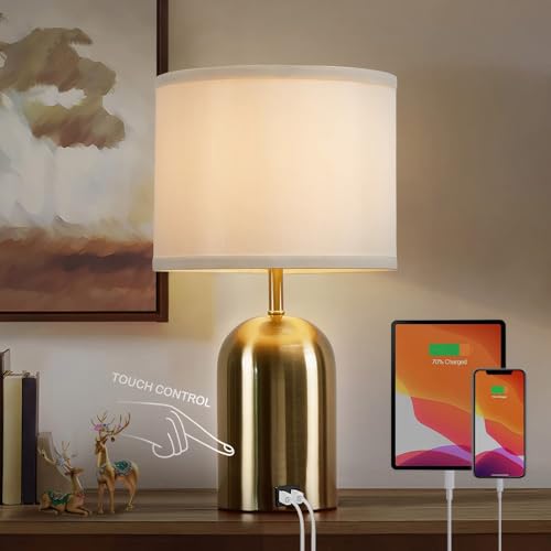Bedside Lamp with USB Port, Touch Control Table Lamp for Bedroom, Dimmable Modern Nightstand Lamp with Fabric Shade Gold Base for Living Room, Dorm, Home Office, LED Bulb Included - color: Gold 1, size: 18"