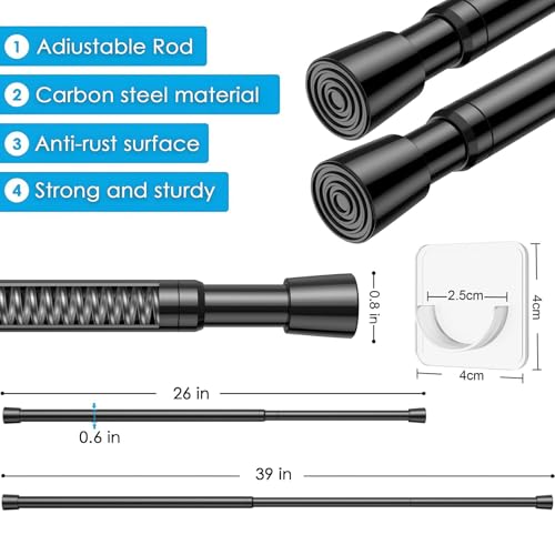 MEXAU 1Pack Spring Tension Curtain Rod 26-39 inch Black Small Tension Rod | Adjustable Curtain Rods No Dilling Extendable Spring Tension Rod Short Curtain Rod for Windows, Kitchen, Bookshelf, Closet - color: black, size: 26-39inch-1PCS