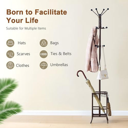 Hoctieon Coat Rack Freestanding, Coat Tree with Umbrella Holder | Metal Coat Rack Stand with 12 Hooks, Standing Coat Hanger Stand, Umbrella Stand for Entryway, Hat Rack Stand for Home Office - color: Brown
