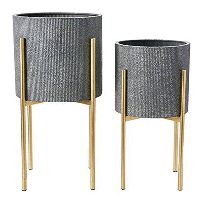 Main + Mesa Modern Boho Embossed Metal Planters with Stands, Charcoal Grey and Gold, Set of 2 Sizes - color: Grey/Gold