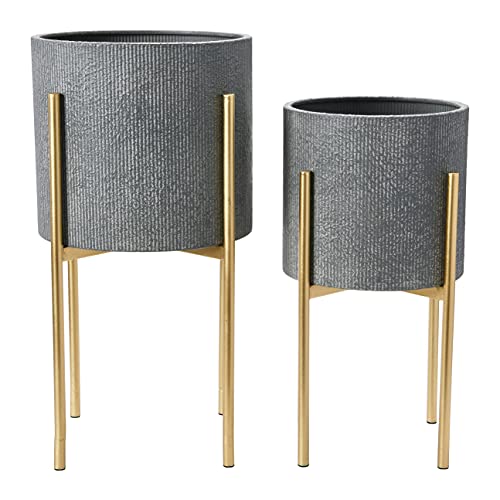 Main + Mesa Modern Boho Embossed Metal Planters with Stands, Charcoal Grey and Gold, Set of 2 Sizes - color: Grey/Gold
