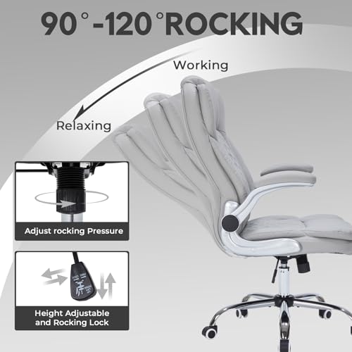 400lbs Executive Office Chair with Flip-Up Armrests, Big and Tall Computer Chair for Heavy People, Heavy Duty Ergonomic Comfy Chair, Breathable PU Leather (Grey) - color: Grey
