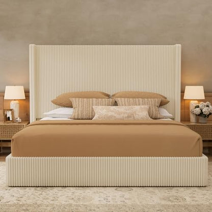 King Bed Frame with Lift Up Storage, 51.2" Tall Headboard and Upholstered Wingback Platform Bed Frame, Hydraulic Support, No Box Spring Needed, Beige Corduroy - size: King (U.S.Standard)