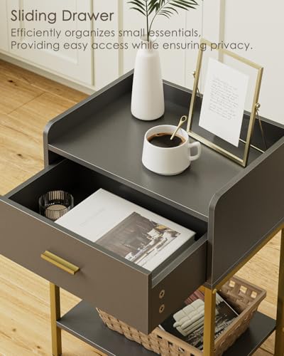 Masupu Gray Nightstand,3-Tier Modern Bedside Table Night Stand with Storage Drawer and Shelf,Small End Side Table for Bedroom,Living Room,(Without Outlet,) - color: Grey