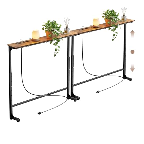 Adjustable Height Narrow Sofa Table with Built-in Power Outlets, 78" Long Console Table Behind Couch Table with Charging Station Skinny Entryway Table for Living Room & Hallway (Rustic Brown) - color: Rustic Brown, size: 78IN