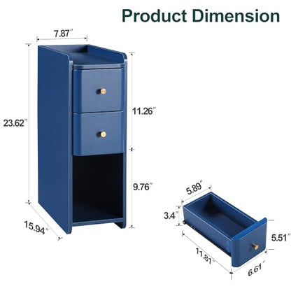 Narrow Nightstand Set of 2, Wooden Small 2 Drawer Nightstand, Slim Side End Table, Skinny Bedside Table, Mid Century Modern Night Stand with Drawers for Bedroom (Blue-1 pc) - color: Blue-1 Pc