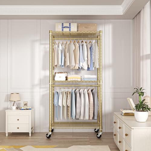 P1 Medium Heavy-Duty Portable Closet, 30" W x 14" D x 76" H, Gold | Metal Rolling Clothing Rack, Closet System with Wheels and Shelves for Hanging Clothes, Portable Wardrobe Organizer Storage - color: Gold, size: P1 Medium