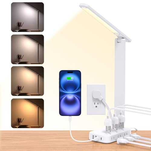 Desk Lamp,Power Strip with 6 AC Outlets & 4 USB Ports, Dorm Room Essentials | One Beat Touch Control LED Lamp, 4 Color Modes 5 Brightness Levels,Eye-Caring Reading Lamp,5ft Cord,Study Home Office College
