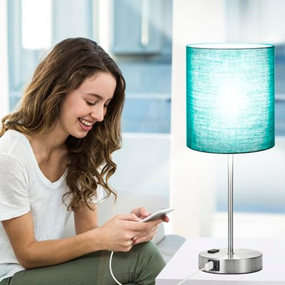 Lynnoland Green Touch Table Lamps Set of 2 with 2 USB & AC Outlet, 3-Way Dimmable Bedside Nightstand Lamps for Bedroom Lamps Living Room Nursery, 800 Lumens 5000K Daylight Bulbs Included - color: (2 Pack)Green & Brushed Nickel(Base)-5000K Bulbs Included