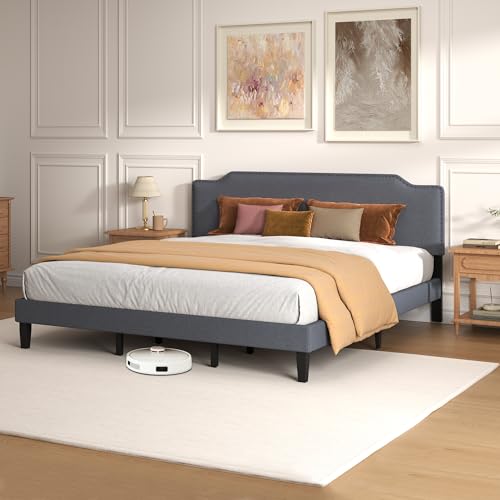 King Size Bed Frame with Upholstered Headboard, Platform Bed with Soft Linen Adjustable Headboard | Classic Elegant Studded Design | Wood Slats | No Box Spring Needed, King Bed Frame Dark Grey - color: Dark Grey, size: King (U.S. Standard)