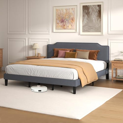 King Size Bed Frame with Upholstered Headboard, Platform Bed with Soft Linen Adjustable Headboard | Classic Elegant Studded Design | Wood Slats | No Box Spring Needed, King Bed Frame Dark Grey - color: Dark Grey, size: King (U.S. Standard)