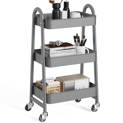 OLIXIS Metal 3 Tiers Rolling Storage Utility Cart with Lockable Wheels | Mobile Organizer Shelf, Space-Saving, Freestanding, Bathroom, Living Room, Slim, Narrow Corner Spaces, Gray - color: 3-tiered Gray, size: 3-Tiered 17 inches