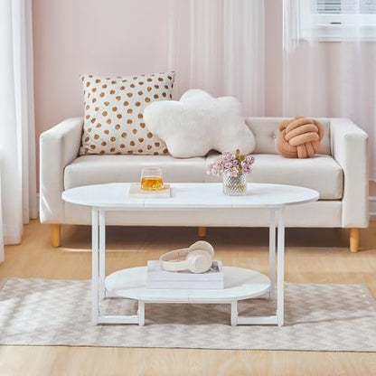 HOOBRO Coffee Table for Living Room, Oval Small Coffee Table with 2-Tier Open Storage Shelf, Industrial Cocktail Tea Table, Wooden Desktop Center Table, Farmhouse, Home Office, White WW09KF01 - color: White