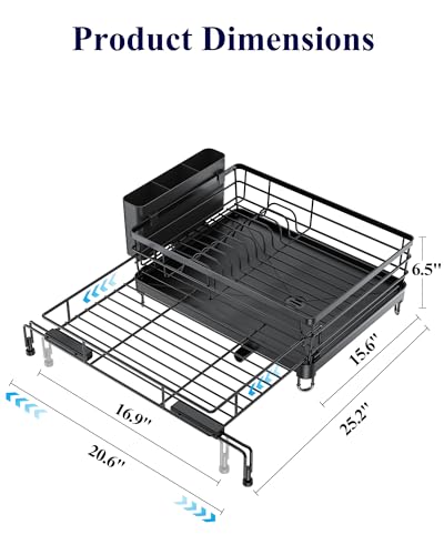 Kitsure Adjustable Dish Drying Rack, 15.6''-25.2''L × 16.9''W, Black | Large Dish Drying Rack, Rust-Resistant Dish Racks for Kitchen Counter, With Adjustable Support Legs, Cutlery Holder - color: Black