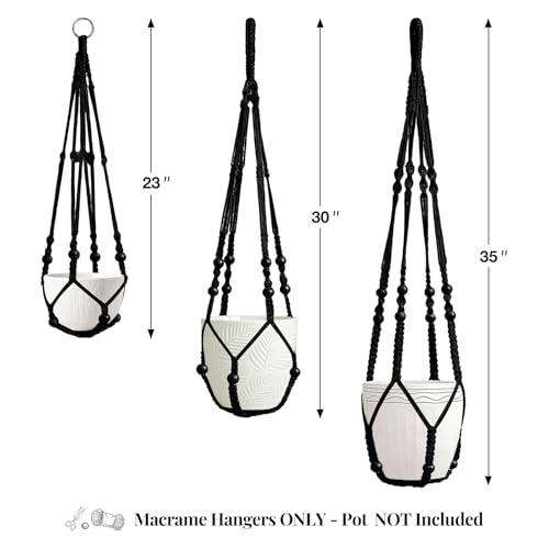 LEWESU 3 Pack Macrame Plant Hanger Indoor 3 Different Sizes Hanging Planter Basket Flower Pot Holder with Wood Beads & No Tassels for Boho Home Decor, 23, 30, 35 Inch, Black (Pot Not Included) - color: Black, size: 23" + 30" + 35"