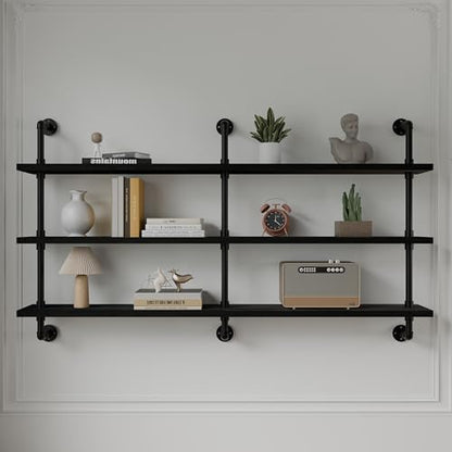 HDDFER Industrial Pipe Shelving Rustic Black Pipe Wall Shelves Industrial Shelves with Wood Planks Floating Shelves 60 Inch Farmhouse Bathroom,Kitchen Shelving Wall Mounted - color: Black, size: 3Tier60in