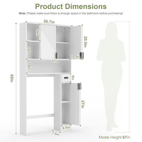 GOODONE White Over The Toilet Storage Cabinet - with 3 Doors and Toilet Paper Holder Stand, FreeStanding, for Bathroom, Restroom, Laundry - color: White