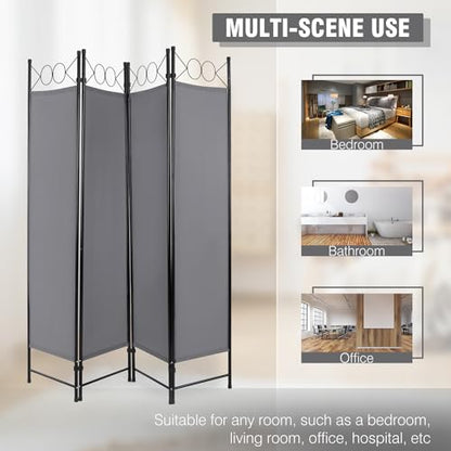 4 Panel Room Divider 6FT Steel Frame Screen Folding Privacy Divider Freestanding Partition for Home Office Bedroom,Grey - color: Grey