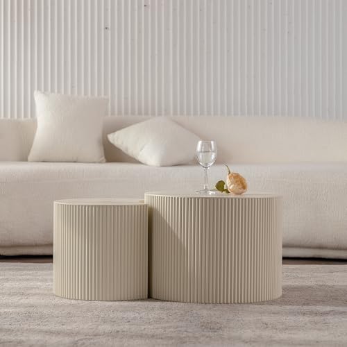 Nesting Coffee Table Set of 2, Round & Crescent Moon Wood Coffee Table and End Table Sets, Modern Luxury Accent Center Tea Table for Living Room Bedroom, （Beige + Cream, 18.9" & 14.96" - color: 18.9" & 14.96"-beige