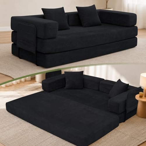 79" Boneless Sofa Bed, 5-in-1 Convertible Fold Out Corduroy Couch for 2 | Loveseat Sleeper with Fixed Support Frame, No Assembly Floor Sofa for Small Apartments, Living Room, Bedroom - color: Black