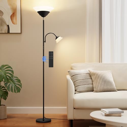 2-in-1 Torchiere Floor Lamp, 34W Super Bright LED Standing Lamp with Remote & Touch Control, 72" Dimmable Adjustable Corner Reading Lamp for Living Room, Bedroom, Office, Black - color: Black
