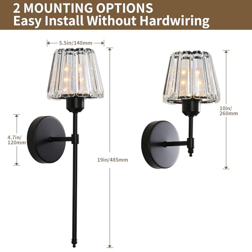 Battery Operated Crystal Wall Sconce Set of 2, Black Rechargeable Wireless Wall Sconces with Remote Dimmable 12 Colors Modes Led Wall Lights, Wall Lamp for Bedroom Living Room Hallway 2 Bulbs Included - color: Black