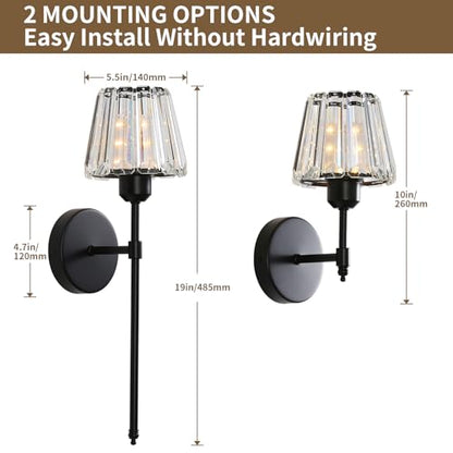 Battery Operated Crystal Wall Sconce Set of 2, Black Rechargeable Wireless Wall Sconces with Remote Dimmable 12 Colors Modes Led Wall Lights, Wall Lamp for Bedroom Living Room Hallway 2 Bulbs Included - color: Black