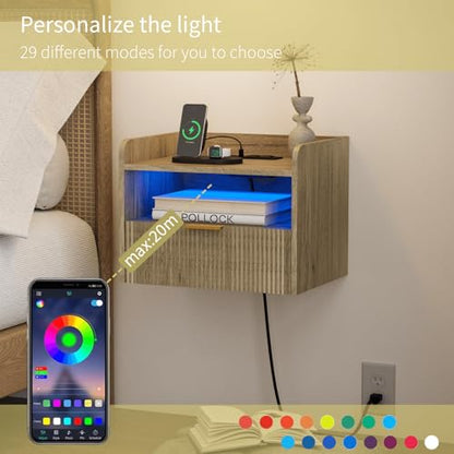 Veegle White Floating Nightstand with Charging Station and LED Lights (Grey) - color: Grey