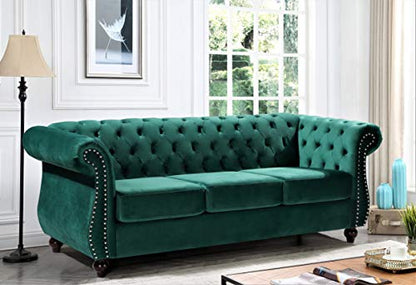 GDFStudio 82.6" Chesterfield Sofa Set, Modern Velvet Upholstered Sofa Set, Comfy 3 Seat Couch with Loveseat for Living Room Apartment, Button Tufted Rolled Arms Solid Wood Legs Spring Cushion, Black - color: Green, size: 3+2 Seat